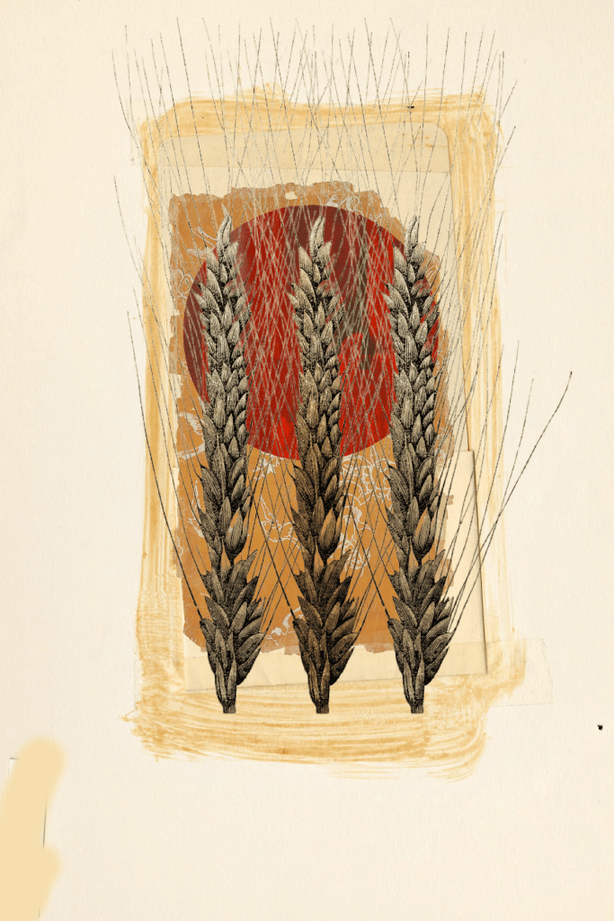 Abstract prairie scene in collage style featuring wheat, sunset hues, and reclaimed wallpaper elements