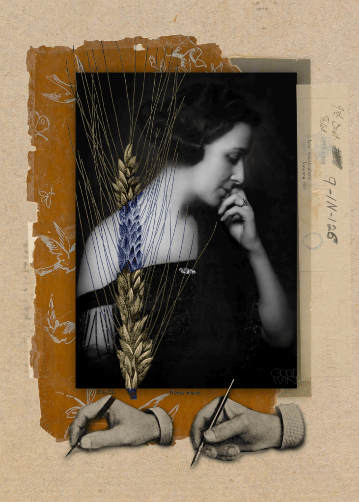 "Vintage 1920s woman with wheat stalk, prairie wallpaper, writing instruments, and hands symbolizing artistic muse."
