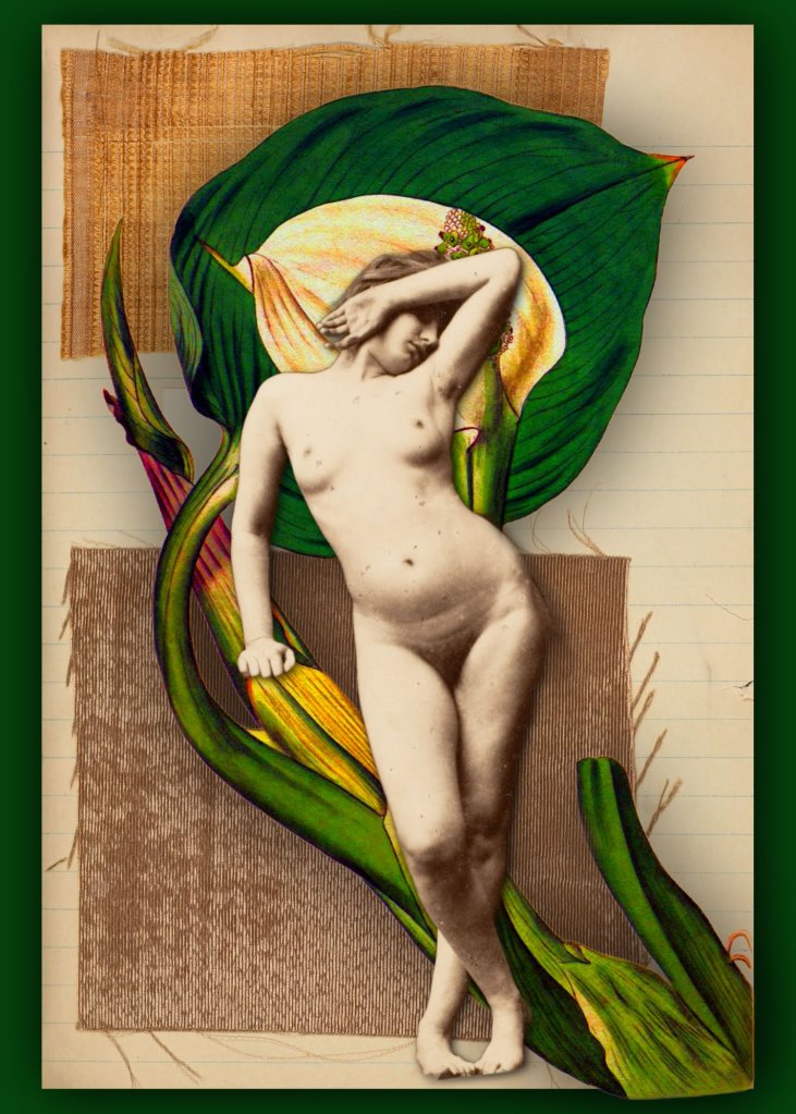 Digital collage by Chris Leibow featuring a vintage nude figure leaning against a large calla lily bloom, surrounded by lush green leaves and layered over textured fabric swatches and a lined notebook page. The composition blends botanical forms with the human body, creating a sensual, dreamlike meditation on growth, memory, and embodiment.