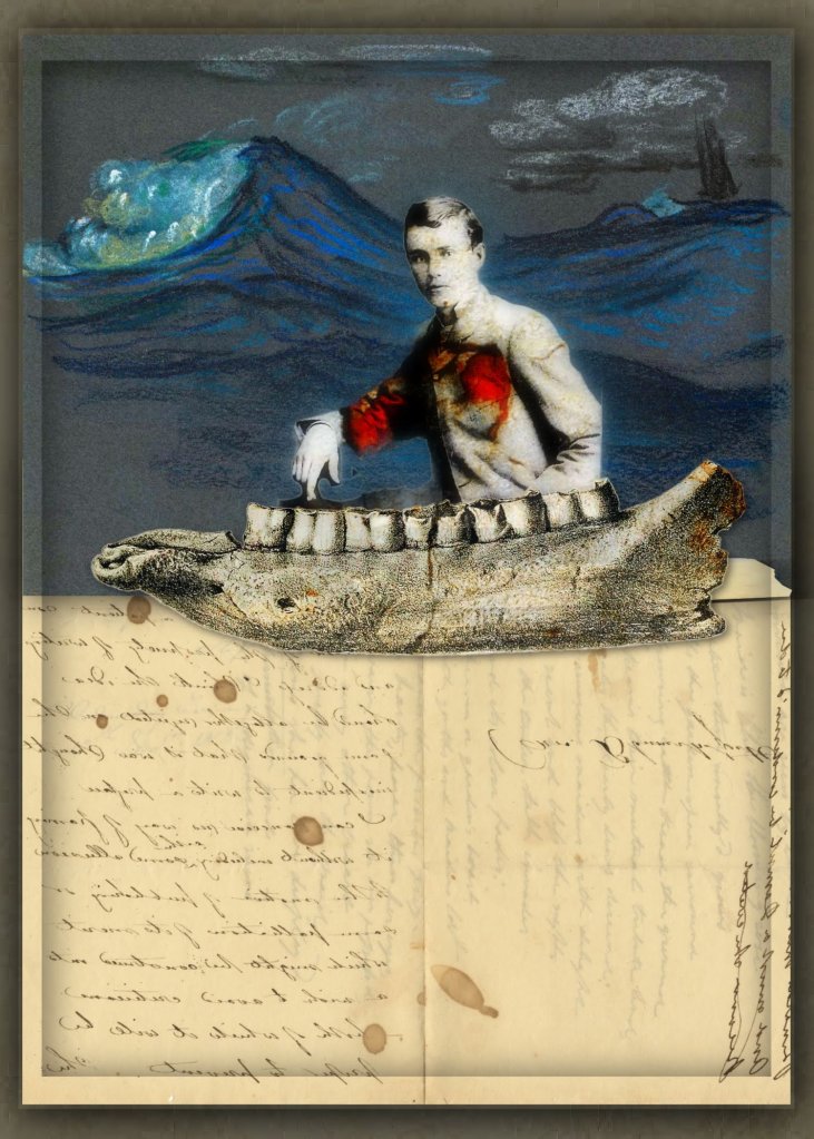 A surreal maritime collage by Chris Leibow featuring a vintage man navigating a bone-like vessel across old handwritten pages, with stormy blue waves rising behind him. A meditation on memory, and loss that we carry 
