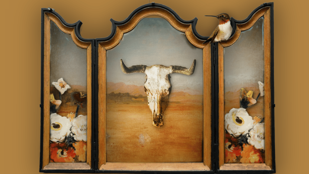 A mixed-media triptych showing a cattle skull centered in a desert landscape, flanked by painted flowers, with a hummingbird perched on the upper frame.