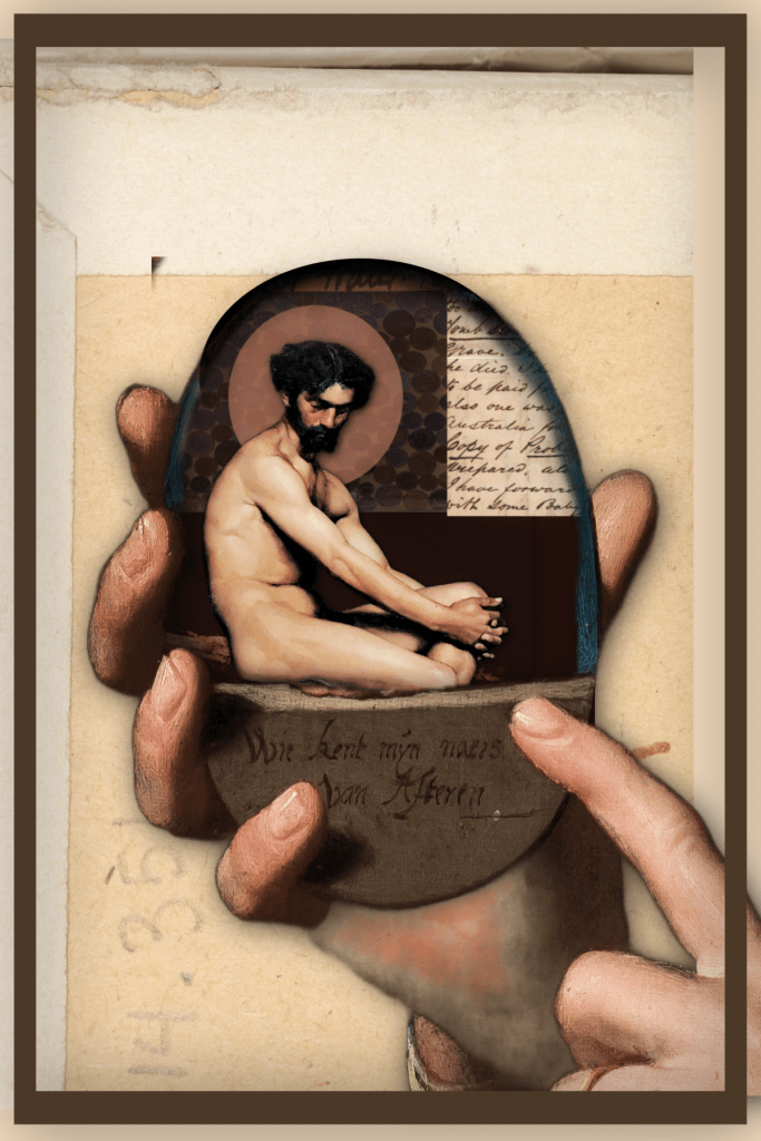 Mixed-media collage of a seated nude male figure enclosed in an oval frame, held by human hands against aged paper textures, suggesting containment and intimate witness.