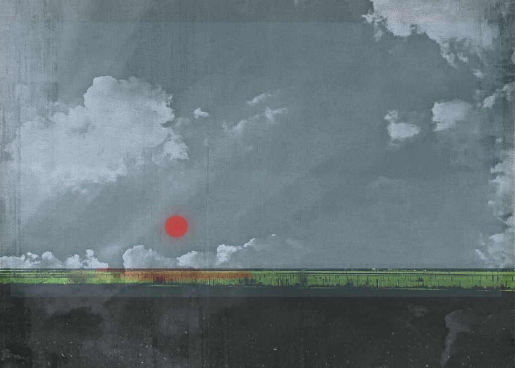Surreal mixed-media landscape with a red sun in a cloudy gray sky above a thin green horizon and dark reflective foreground.