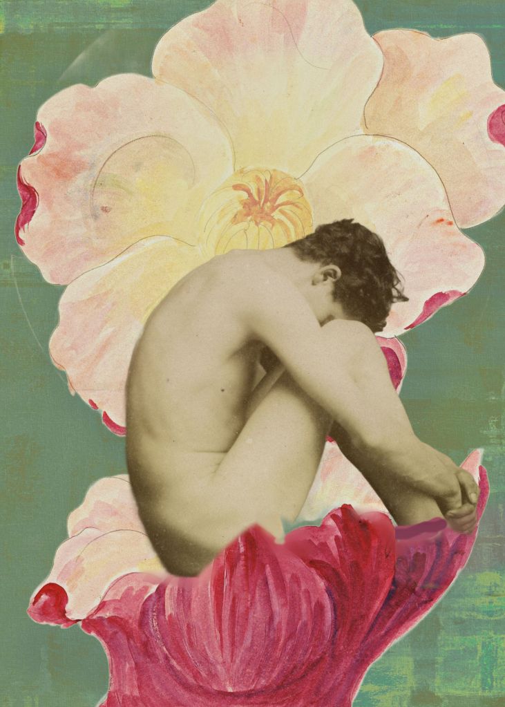Mixed-media collage of a seated nude figure curled forward inside layered magnolia-like flowers on a green textured background.